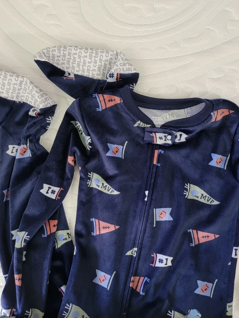 NWT Carter's Bedtime Velour One Piece Footed Pajamas Full Zip Football MVP 5T